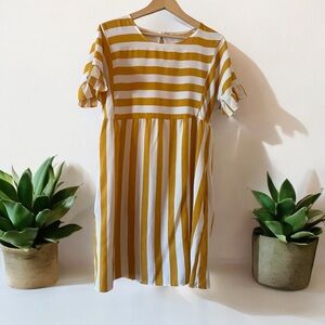 Mustard Yellow and Cream Striped Ruffled Sleeve Midi Sundress